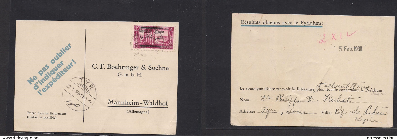 LEBANON. 1930 (29 Jan) TYR - Germany, Mannheim. Fkd Card, Cds. VF. - Lebanon