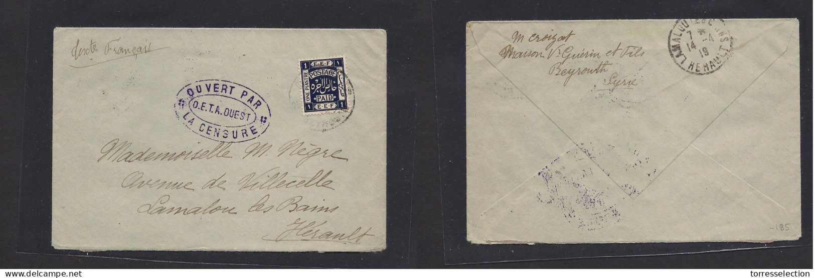 LEBANON. 1919 (Apr) Beyrouth, Syria - France, Lamalon Les Bains. Fkd Single 1p Blue Perf, Oval Blue Censor Cachet "O.E.T - Lebanon