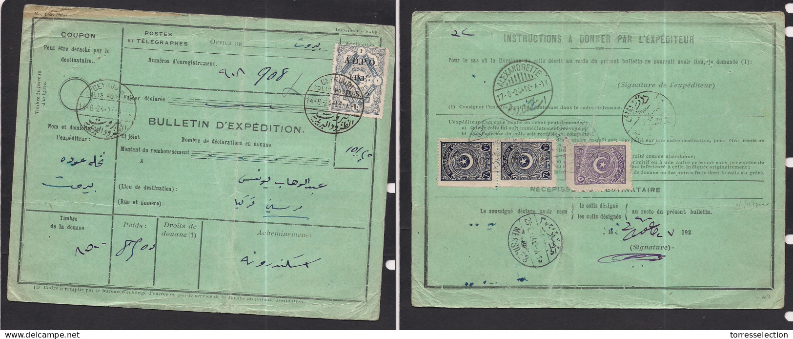 LEBANON. 1924 (14 Aug) Beyrouth - Turkey, Mersina (25 Aug) Via Syria, Alexandrette (17 Aug). Postal Package ADPO Ovptd F - Lebanon