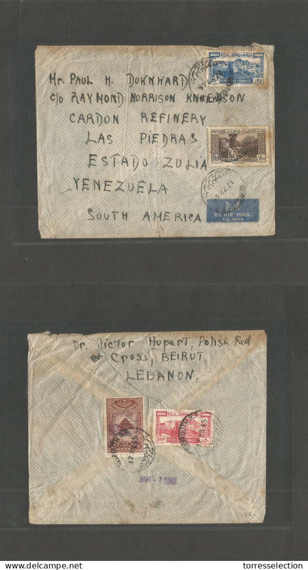 LEBANON. 1945 (17 Dec) Beyrouth - Venezuela, Las Piedras, Estado Zulia. Air Multifkd Front + Reverse Envelope. Destinati - Lebanon