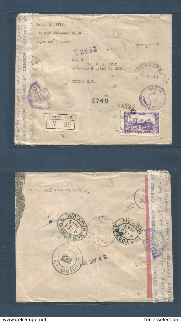 LEBANON. 1941 (16 Dec) Beyrouth RP - Mexico, DF. (20 Apr) Via NY (13 Apr) Registered Single 25 Piaster Rate + Depart Cen - Lebanon