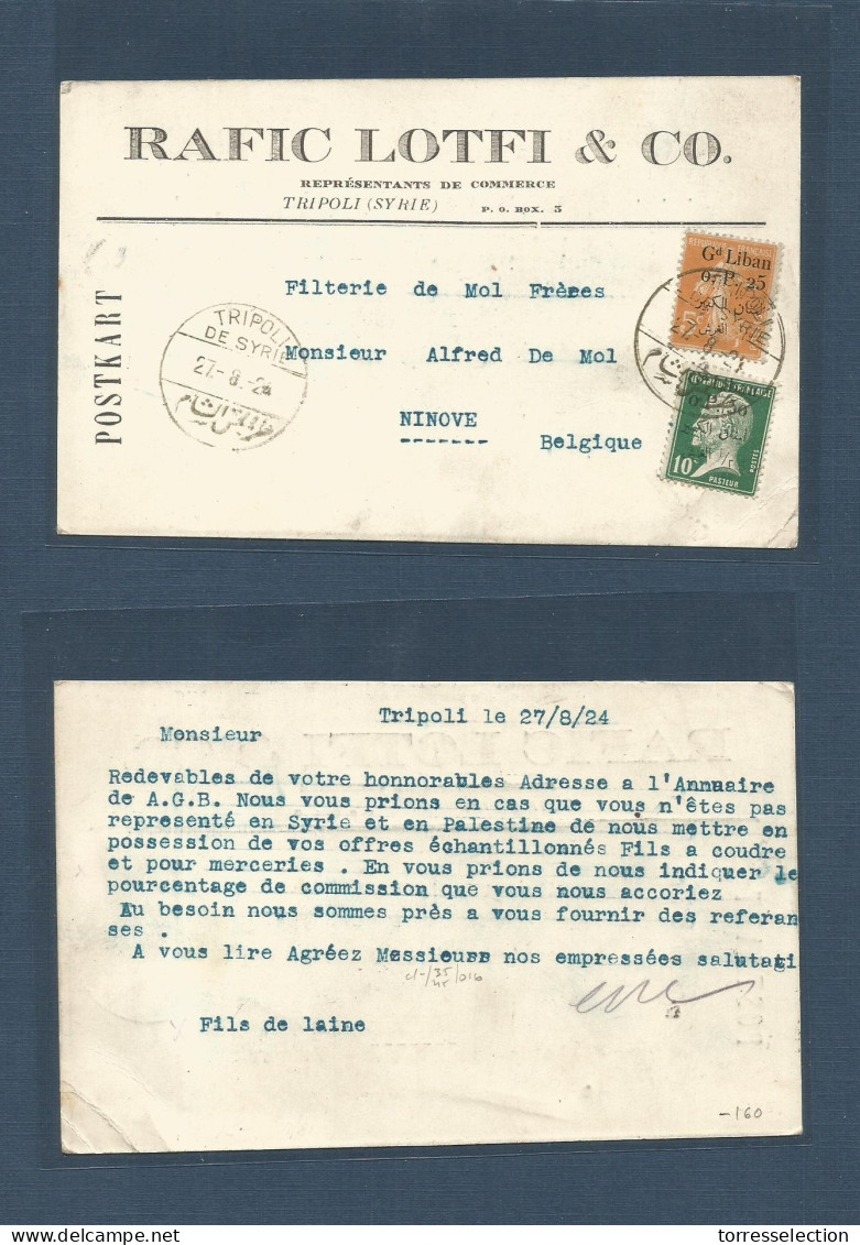 LEBANON. 1924 (27 Aug) Tripoli - Belgium, Ninove. Fkd Private Business Card, Ovptd Issue At 75b Rate, Bilingual Cds. Fin - Liban