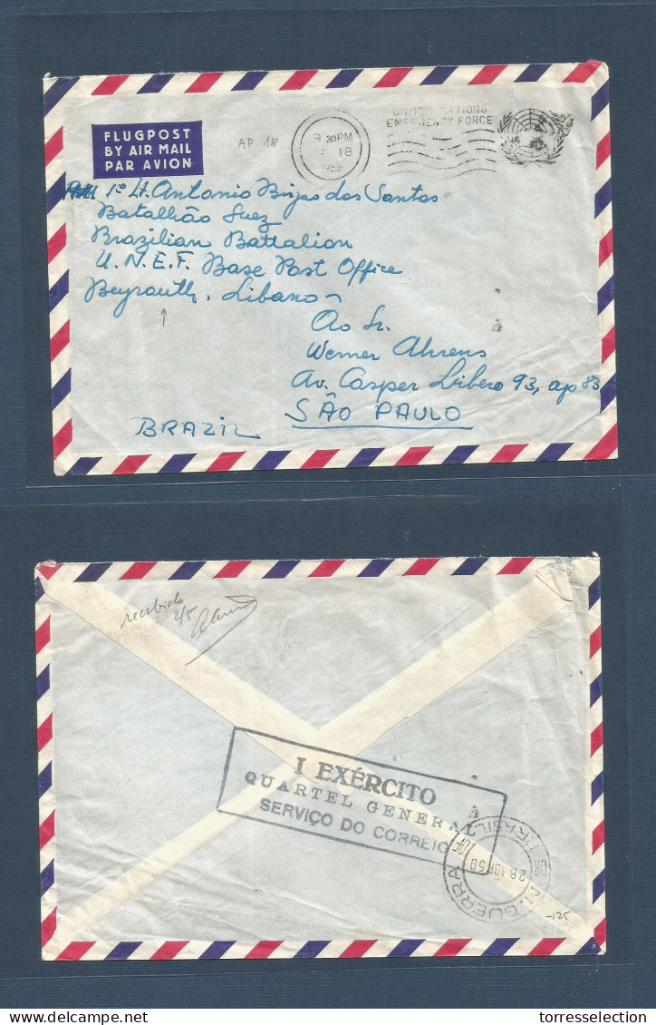 LEBANON. 1959 (18 April) BRAZIL UNO / UNEF FORCES IN BEYROUTH. Air FM Envelope, Used To Sao Paulo / Brazil. Fine And Sca - Liban