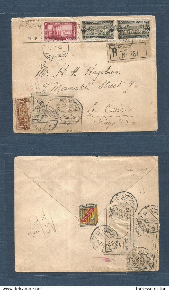 LEBANON. 1927 (18 Febr) Beyrouth - Egypt, Cairo (20 Feb) Registered Multifkd Env + EGYPT Post Office. Special Sealed Tie - Liban