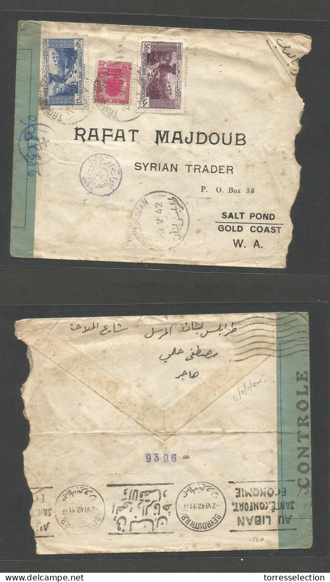 LEBANON. 1942 (19 May) Tripoli - Gold Coast, Salt Pond. Franked Envelope + Depart Censor Label + Cairo. Via Beyrout (2 J - Liban