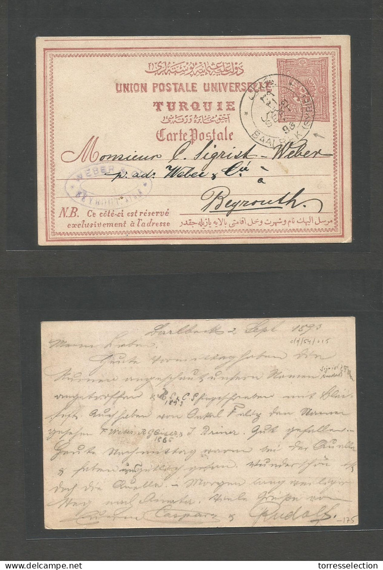 LEBANON. 1893 (2 Sept) Baalbek - Beyrouth. Local 20p Lilac Stationary Card. Turkish Period. VF. Used. - Liban
