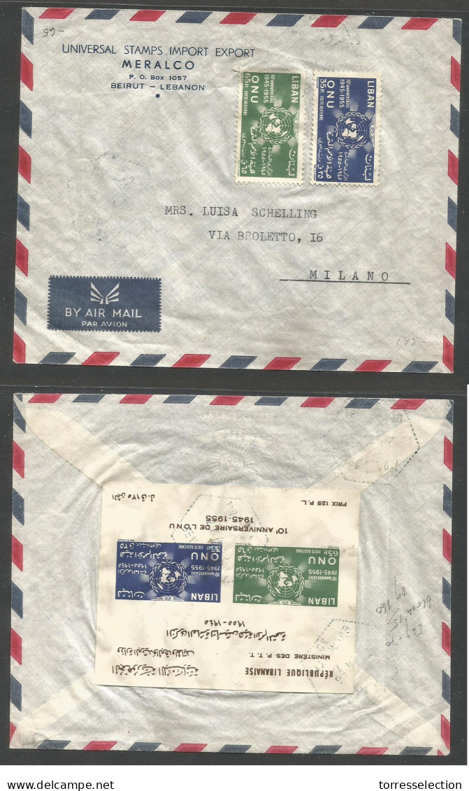 LEBANON. 1956 (27 April) Beyrouth - Italy, Milano. Reverse Min Sheet Imperf. Fkd Envelope + 2 Stamps On Front. Red Hexag - Lebanon