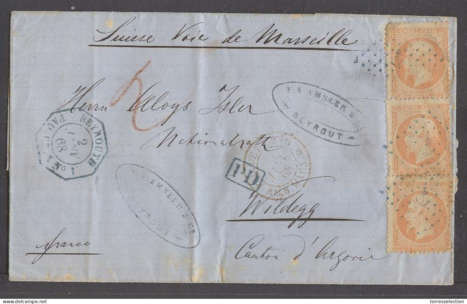 LEBANON. 1868 (2 Jan). French Post Office. Beyrouth - Switzerland (17 Jan). EL Fkd French 40c Orange Ver Strip Of Three, - Lebanon