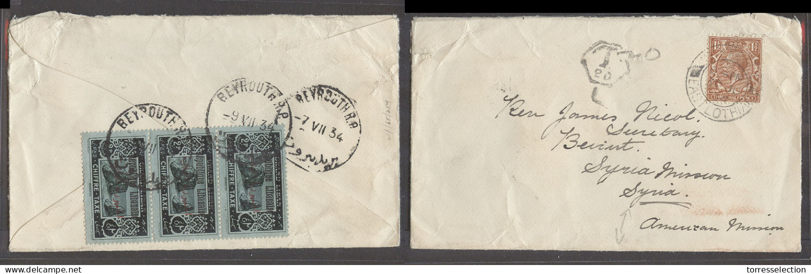 LEBANON. 1934 (30 June). Missinary Mail. GB, East Lothian - Beyrouth (7 July). Fkd Env Taxed X3 Ovptd Issue P Dues 2 Pia - Lebanon