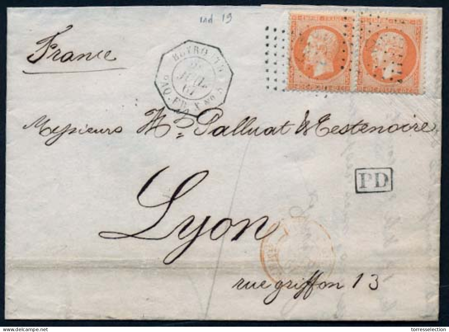 LEBANON. 1867 (22 July). Beyrouth - France (5 Aug). EL Fkd France 40c Pair / Anchor Cancel + Octagonal Beyrouth Paq Fr N - Liban