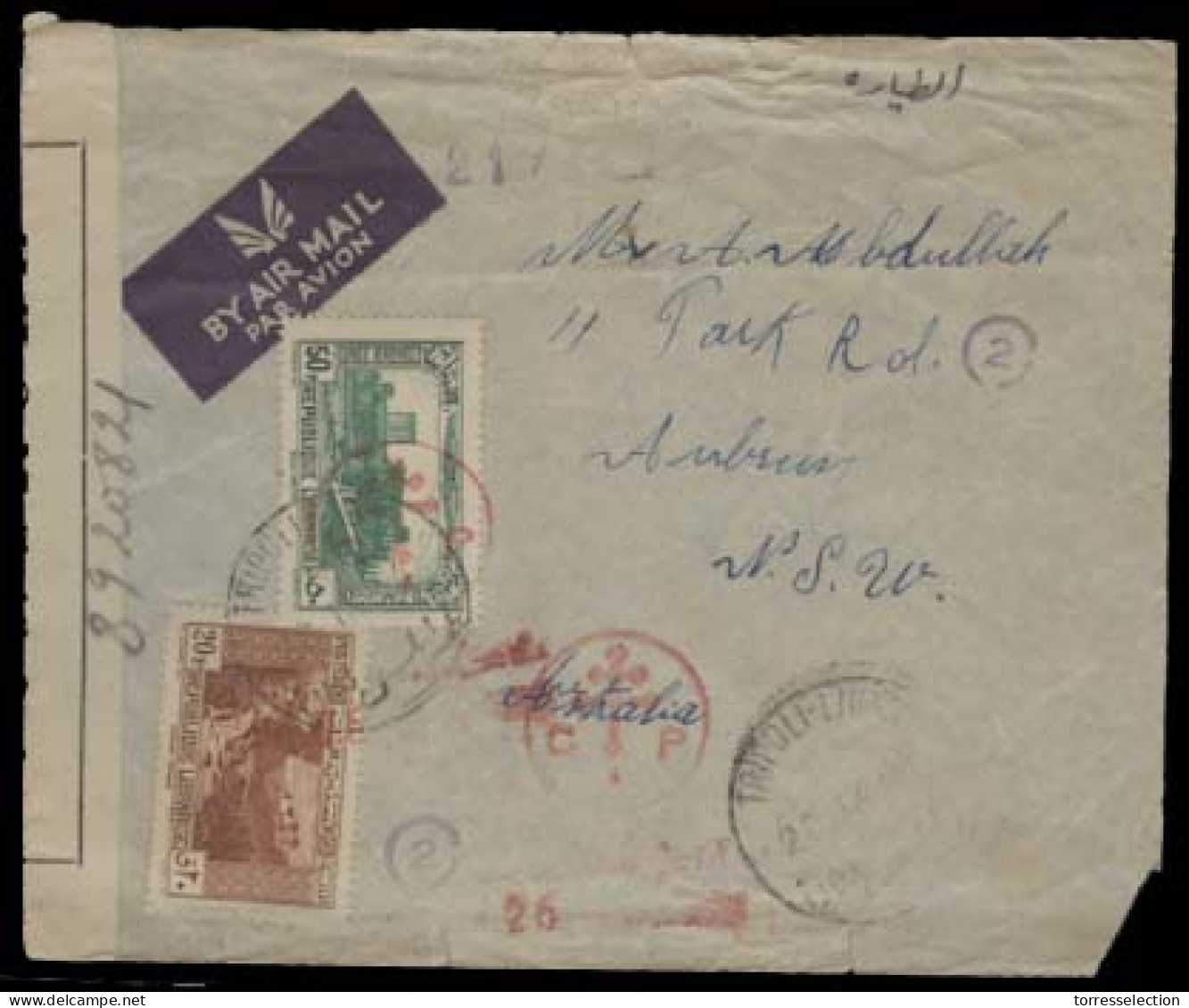 LEBANON. 1944 (20 Nov). Tripoli - Australia / NSW Air Fkd Doble Censored Env. Scarce Dest. - Lebanon