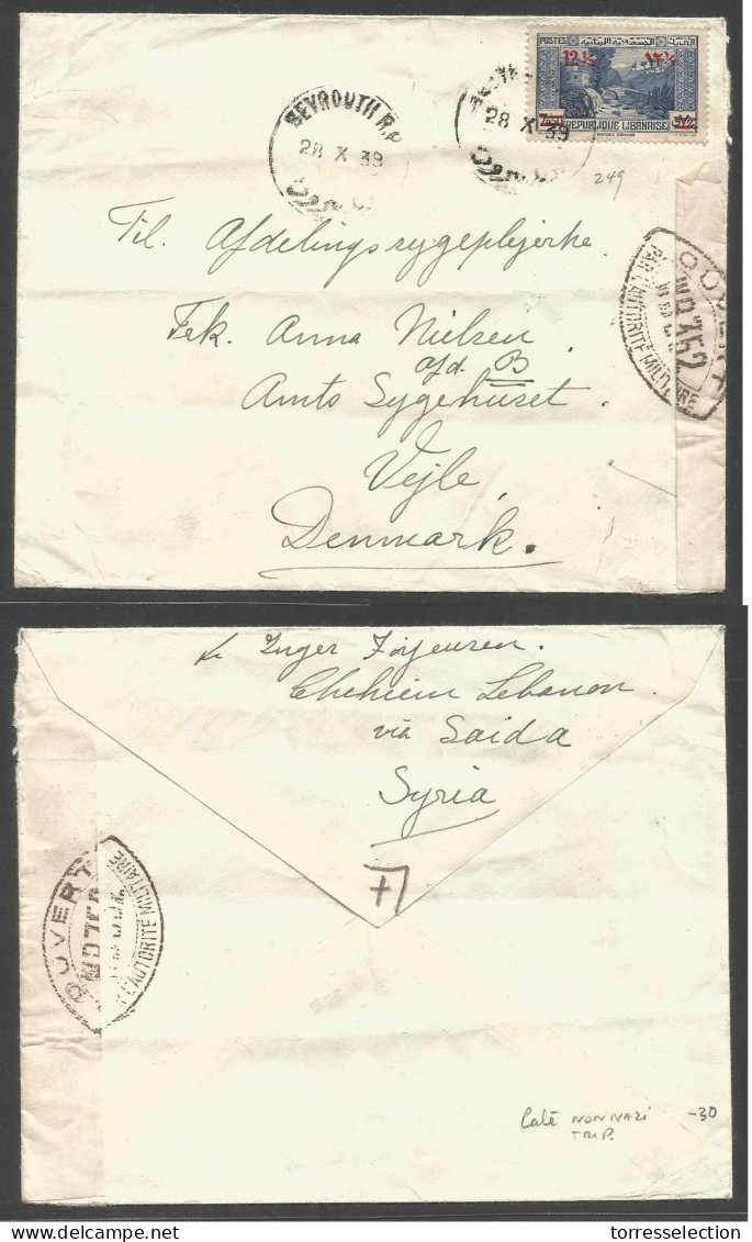 LEBANON. 1930 (28 Oct) Beyrouth - Denmark, Vejle. Fkd Envelope Simple 12 1/2 Ovptd Stamp. Censored. Via France. Late Non - Liban