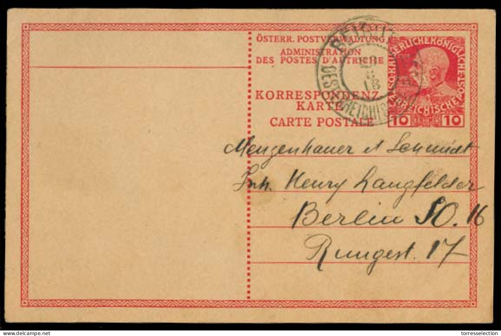 LEBANON. 1913 (28 Aug). Austrian Levant. PD Beirut - Germany 10c Red Stat Card. Fine Used. - Lebanon