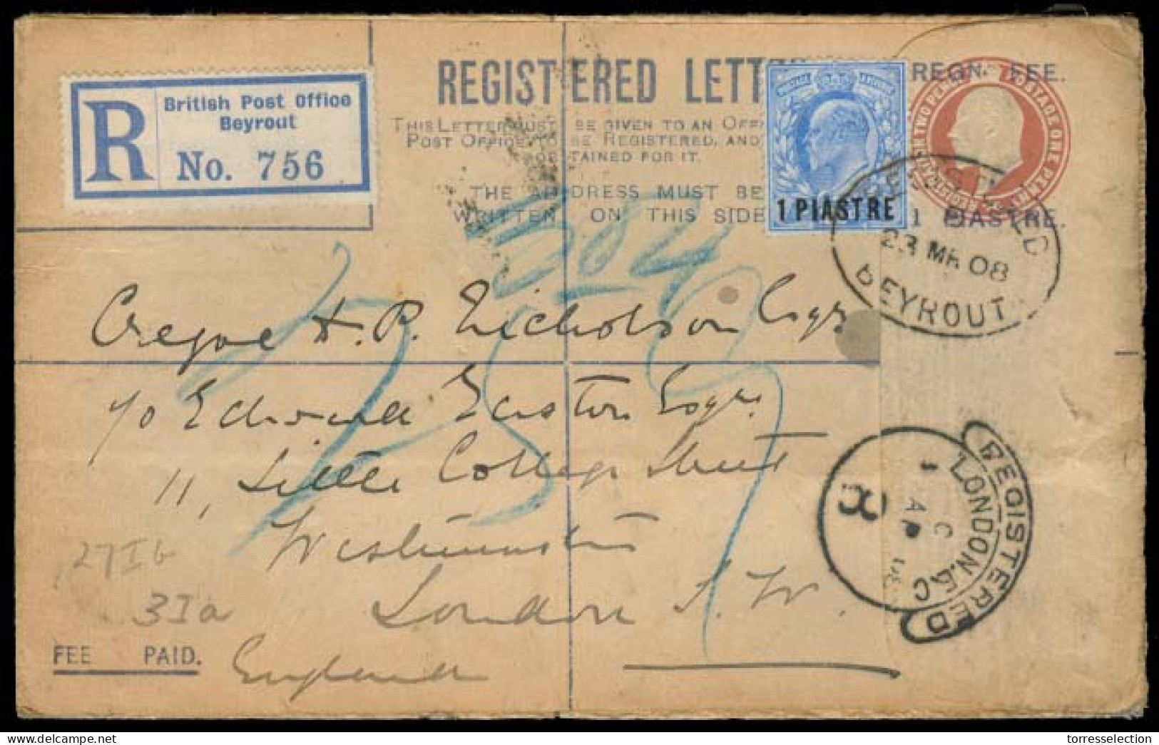 LEBANON. 1908 (23 March). British PO Beyrouth - UK. Reg Ovptd 1 Piaster Stat Env + 1 Piaster Adtl + R-label. V Fine + Sc - Lebanon