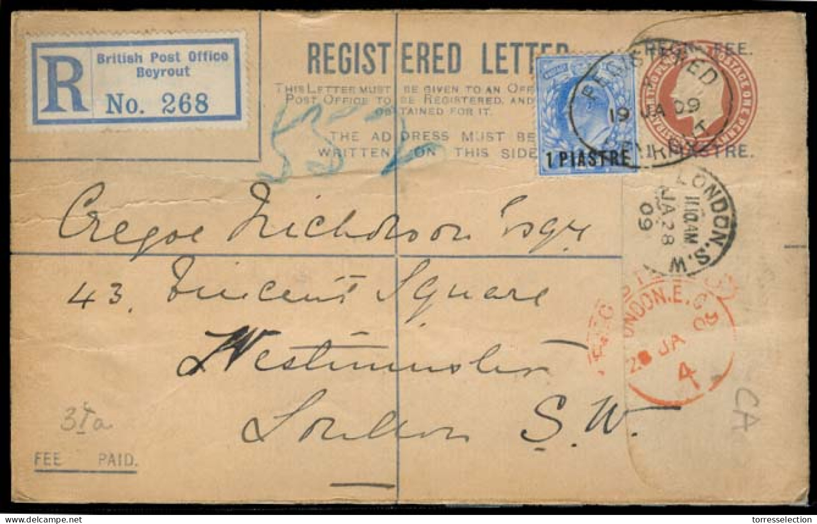 LEBANON. 1909 (19 Jan). British Post Office. Beyrouth - UK. Reg Ovptd 1 Piaster Stat Env + 1p Adtl + R-label. Proper Tra - Liban