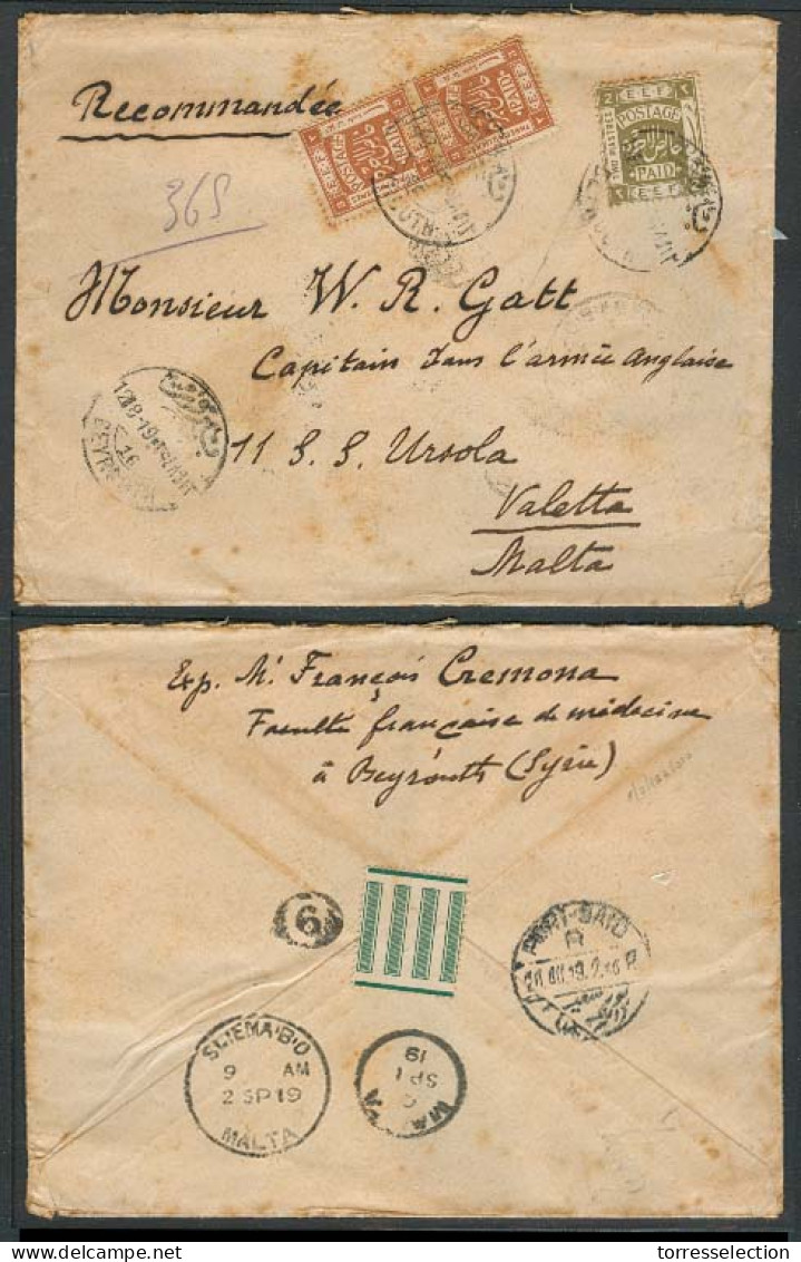 LEBANON. 1919 (12 Aug). British Forces Occup / Palestina. Beyrouth - Malta. Reg Multifkd Env Addressed To British Office - Liban