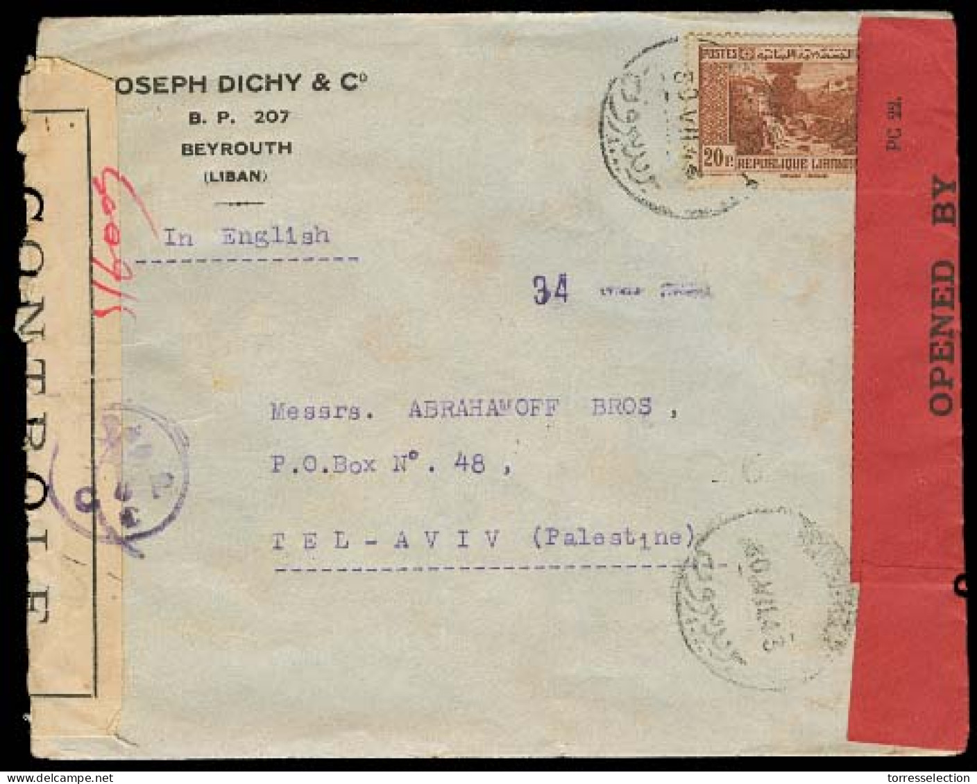 LEBANON. 1943 (30 July). Beyrouth - Tel - Aviv / Palestine. Fkd Env Doble British + Lebanese Censorship Labels (70/6433) - Liban