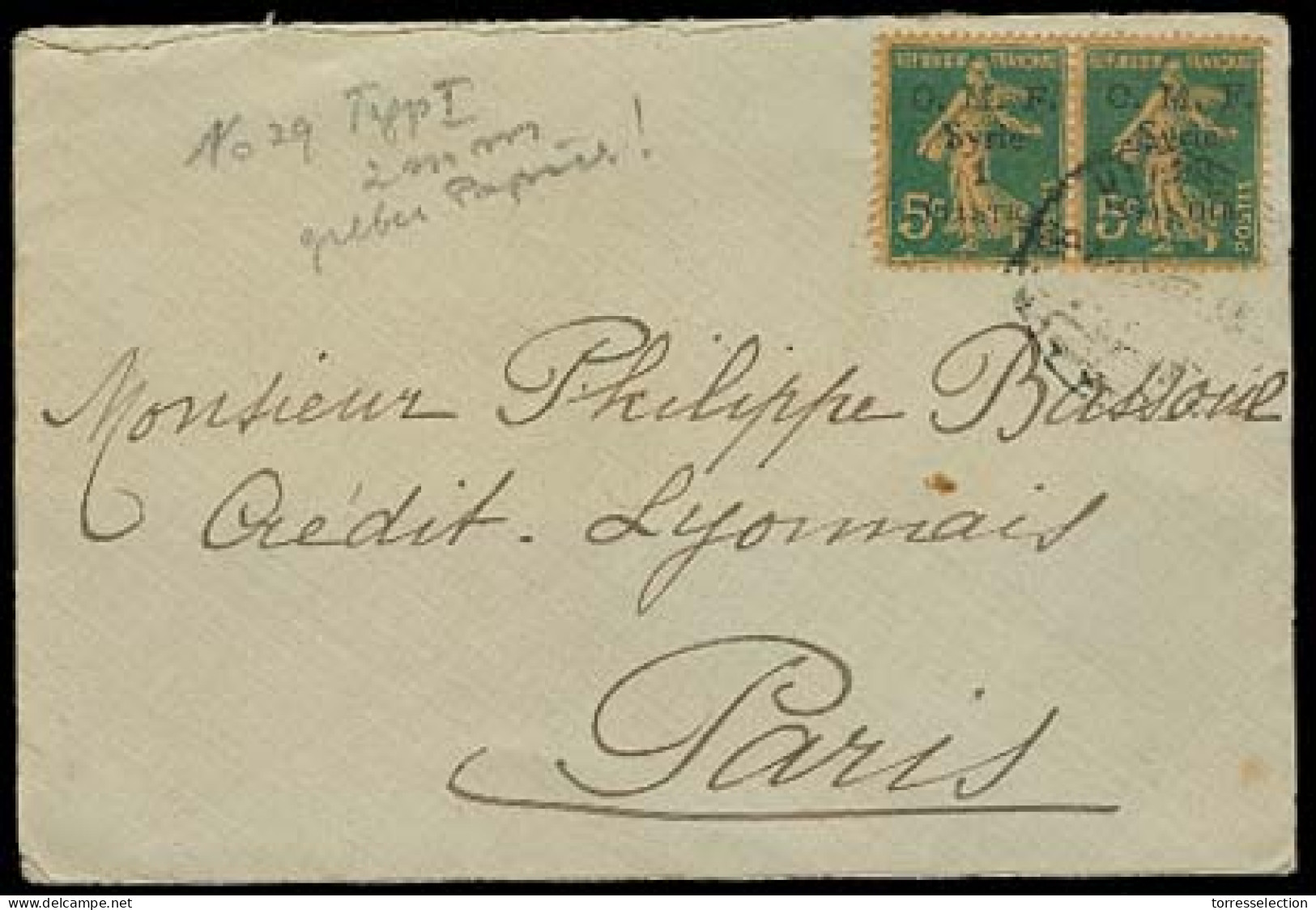 LEBANON. C.1920. Beyrouth - France. Env Fkd OMF 1p Green Pair (Mi Nº 29, Type I 2mm Ovptd / Paper Variety). - Liban