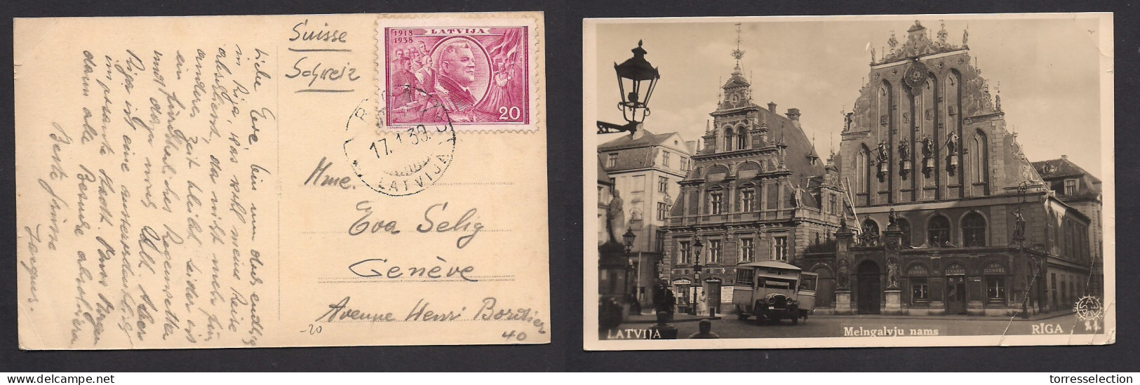 LATVIA. 1939 (17 Jan) Riga - Geneve, Switzerland. Single 20c Violet Fkd Ppc. Fine Used. - Lettonia