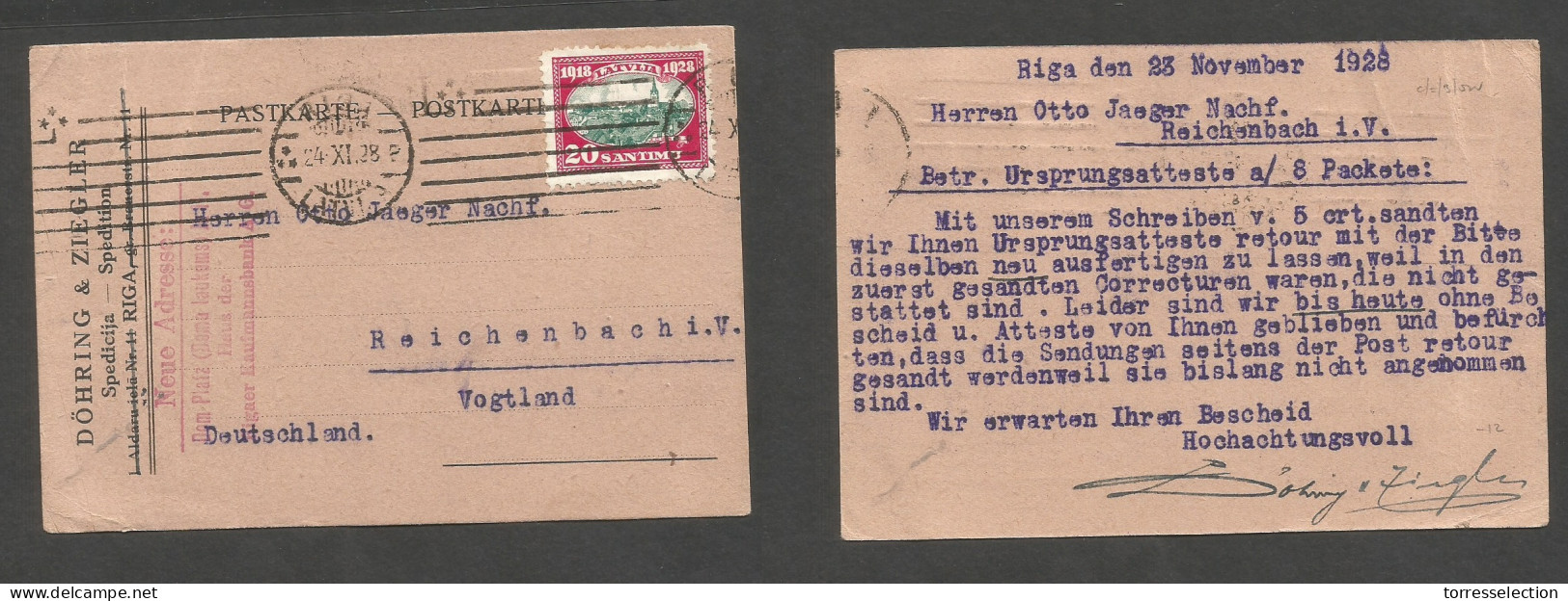 LATVIA. 1928 (24 Nov) Riga - Germany, Vogtland. Fkd Card, Rolling Cachet, Comercial. - Lettonia