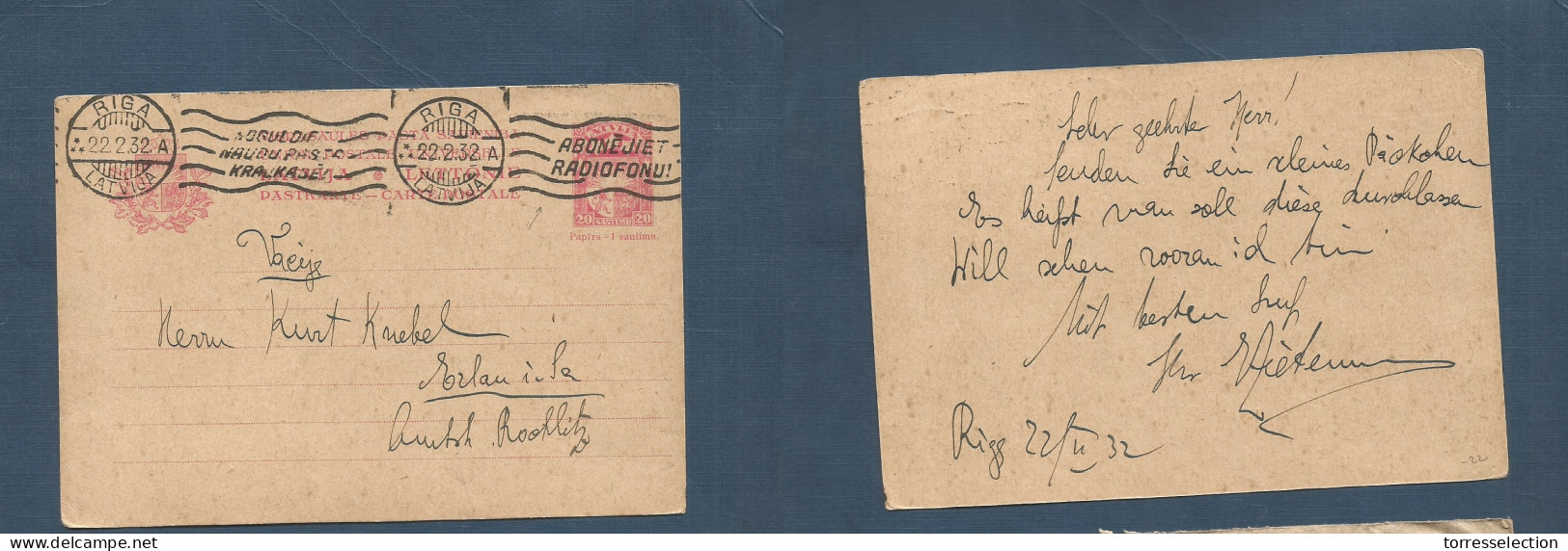 LATVIA. 1932 (22 Feb) Riga - Erlaniila, Rochlitz. 20s Rose Stat Card + Rolling Slogan Cachet. Fine. - Lettonia