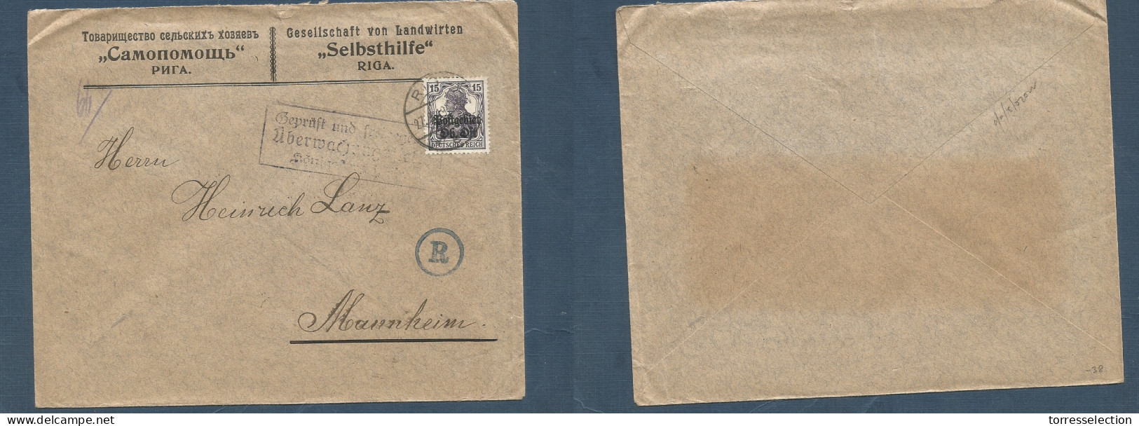 LATVIA. 1919 (27 Sept) German Occup. Germania Ovptd. Riga - Mannheim. Comercial Single Fkd + WWI Censored Envelope, Tied - Lettonia