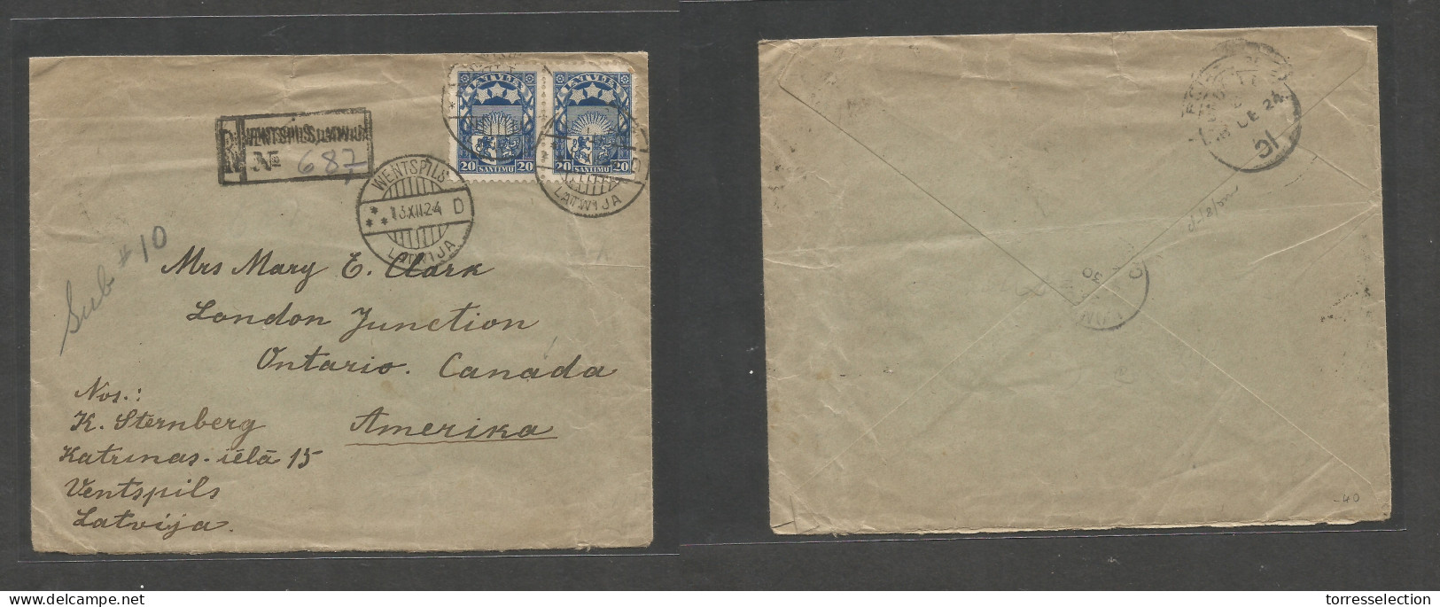 LATVIA. 1924 (13 Dec) Wentspols - CANADA, Ontario (30 Dec) Registered Multifkd Env Via London. Better Dest. - Lettonia