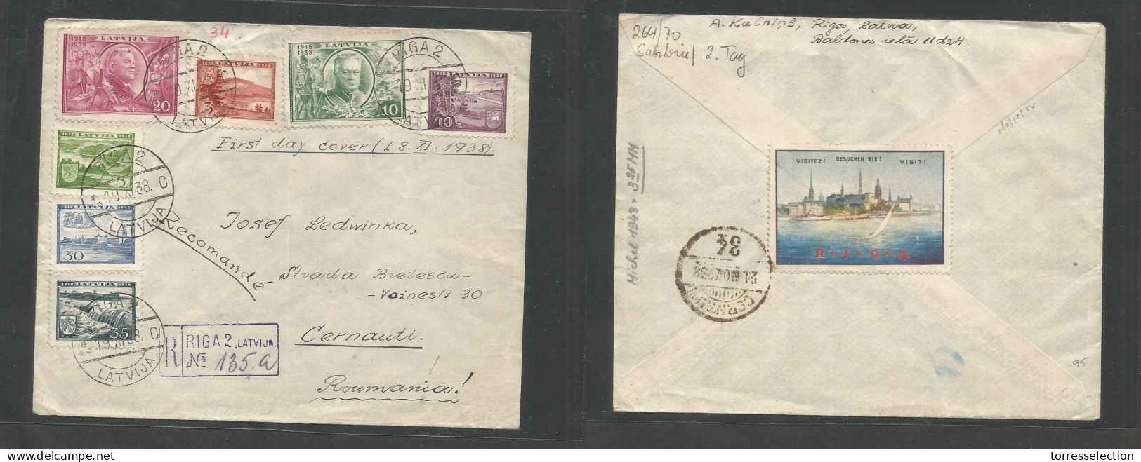 LATVIA. 1938 (19 Nov) Riga 2 - Romania, Cernauti (21 Nov) Registered Multifkd Envelope 7 Diff Values On Cover, Arrival C - Lettonia