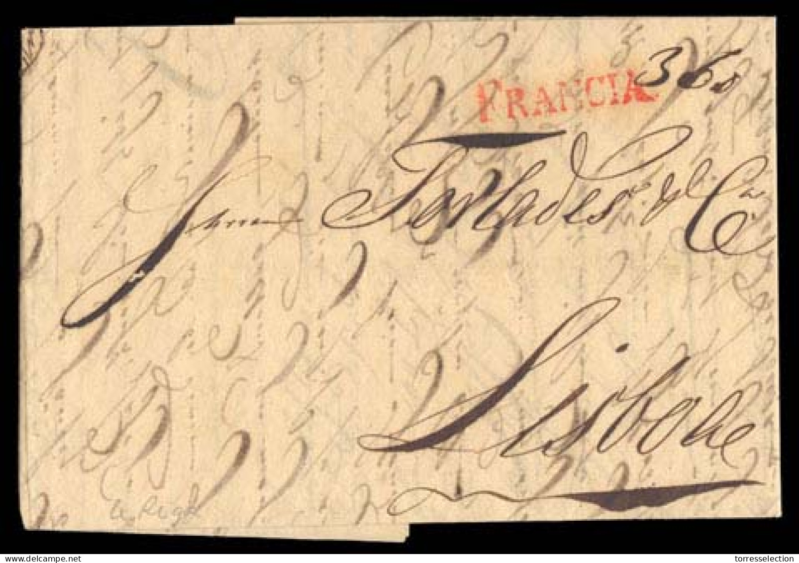 LATVIA. 1827 (13 Dec). Riga To Lisbon/Portugal. EL With Transit Red Straightline Postmark "FRANCIA" (xxx/RR), Applied On - Letonia