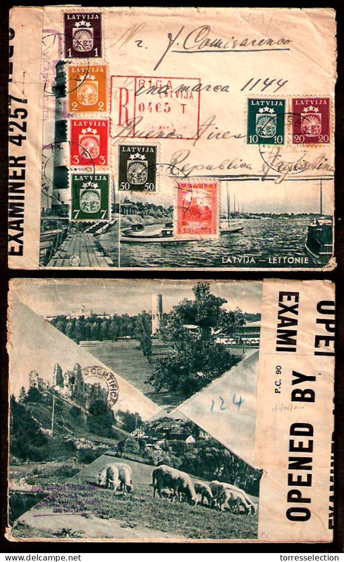 LATVIA. 1940 (20 May). Riga - Argentina. Ilustrated Registered Multifkd. Doble Latvian + British Censored Env. Lovely It - Letonia