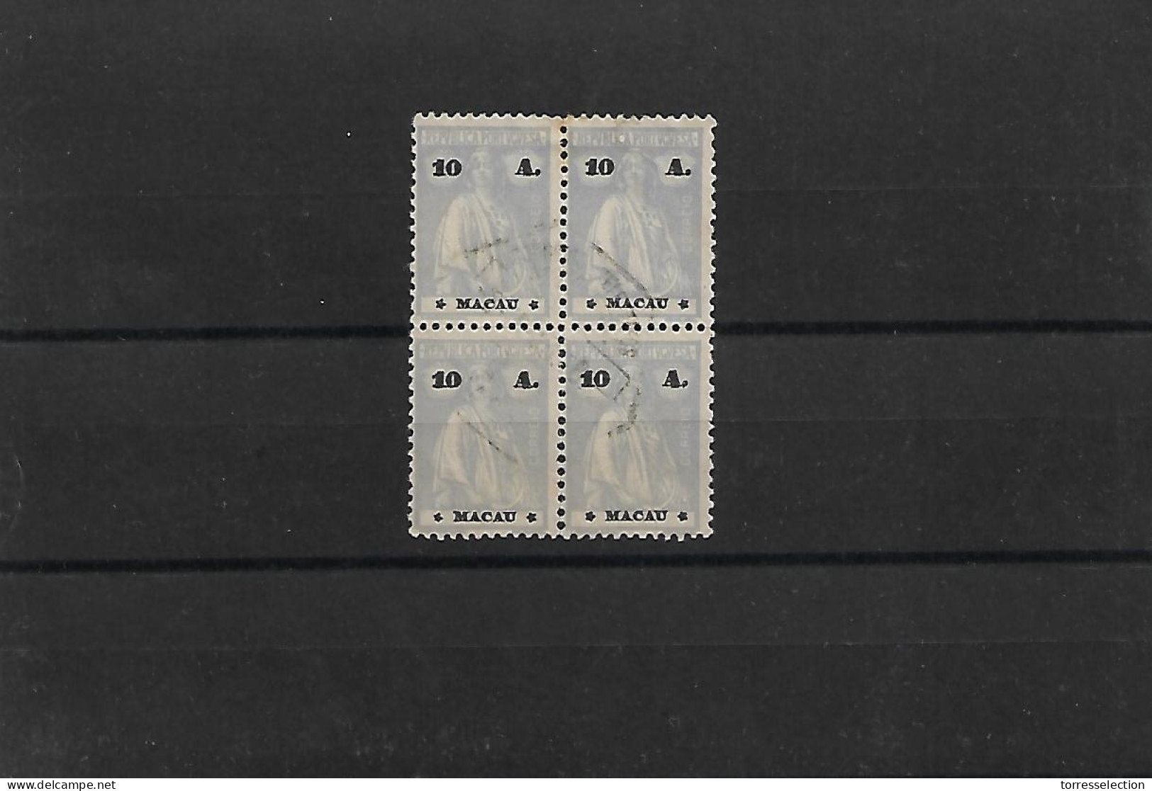 MACAU. 1922. Choi 256º 10a Pale Blue, Used Block Of Four, Central Cancel. Low Stars III-IV, But Low Left Star Stamp 3 Po - Other & Unclassified