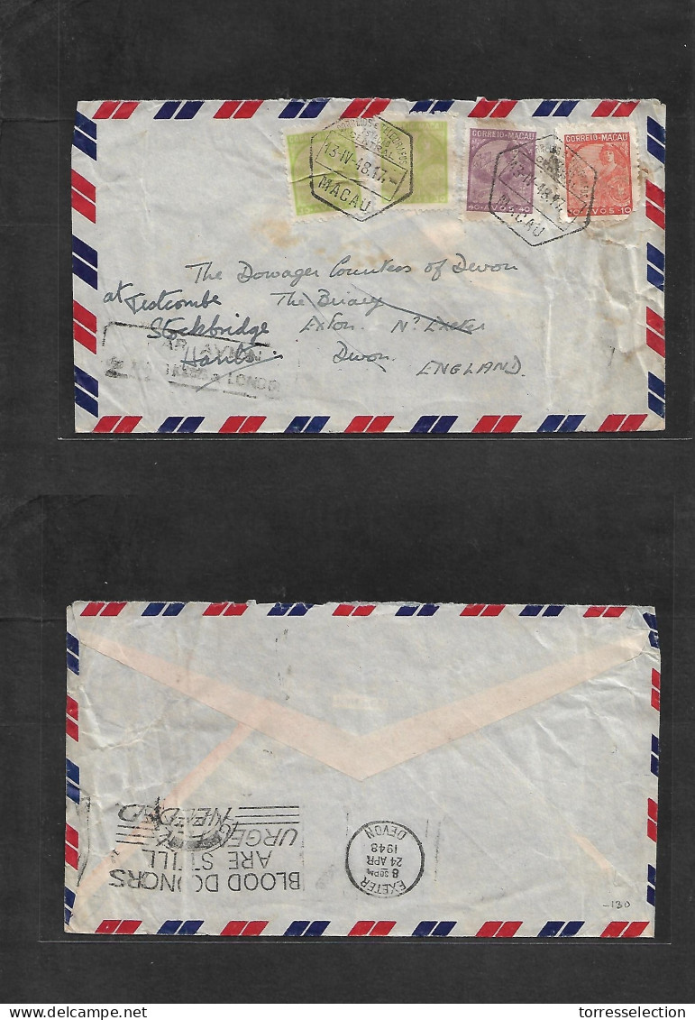 MACAU. 1948 (13 Apr) GPO - UK, Devon, Exton (24 Apr) Air Multifkd Envelope, With Special Better Air Cachet "PAR AVION /  - Otros & Sin Clasificación