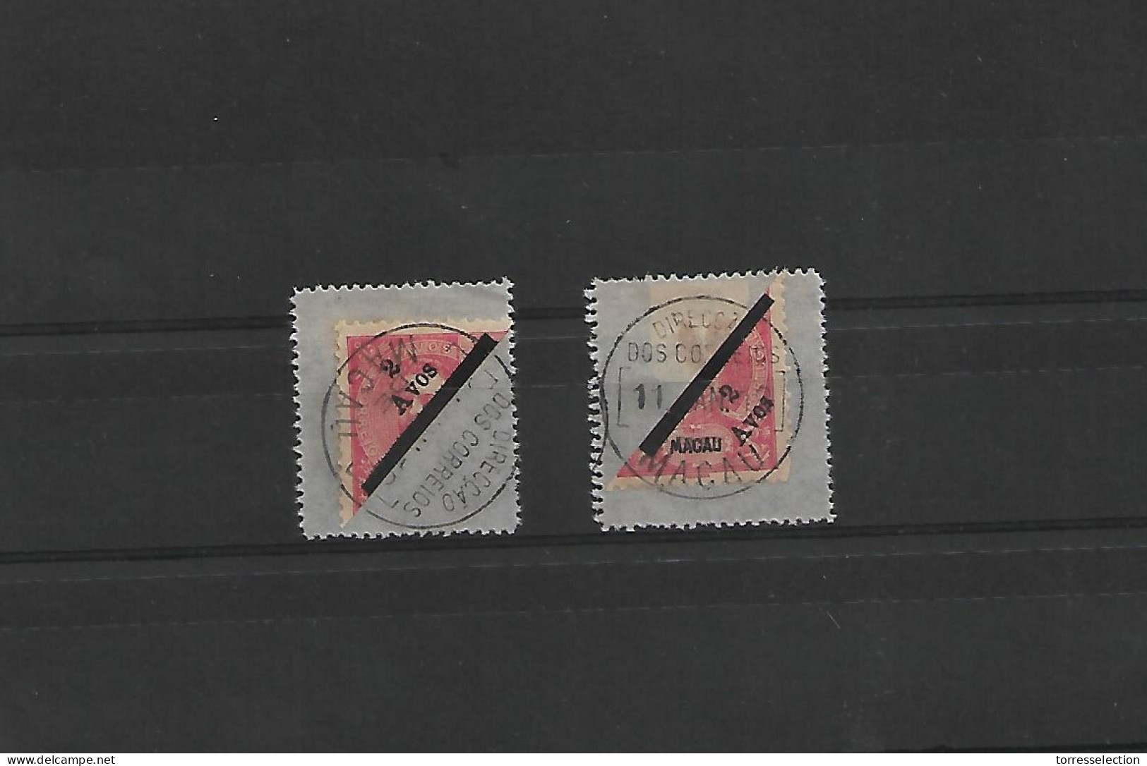 MACAU. 1911. Choi 145º (x2) Top And Lower Bisected Parts, Cancelled On Perforated Pieces. Lovely Exhibition Pair 97 HK$  - Autres & Non Classés