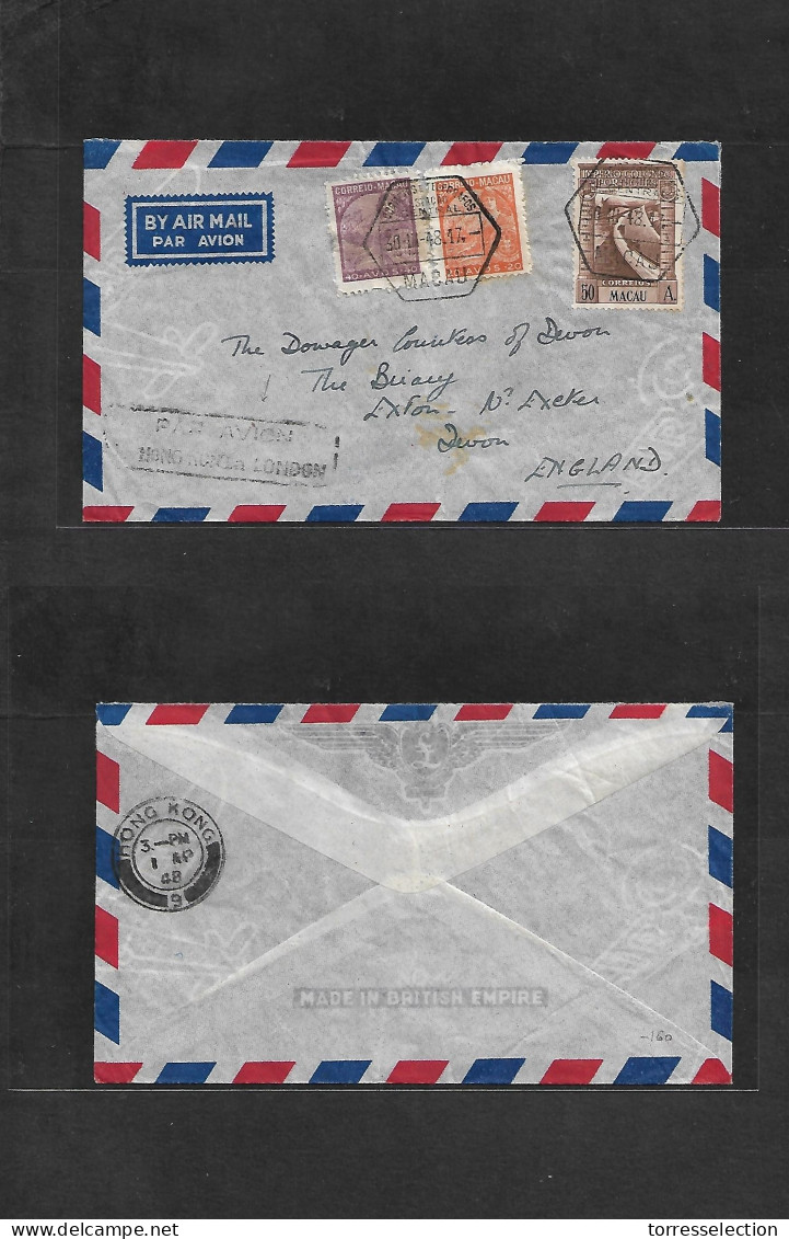 MACAU. 1948 (30 March) GPO - UK, Devon, Exton. Air Multifkd Envelope, Tied Hexagonal Ds + Air Cachet "Par Avion / Hong K - Autres & Non Classés