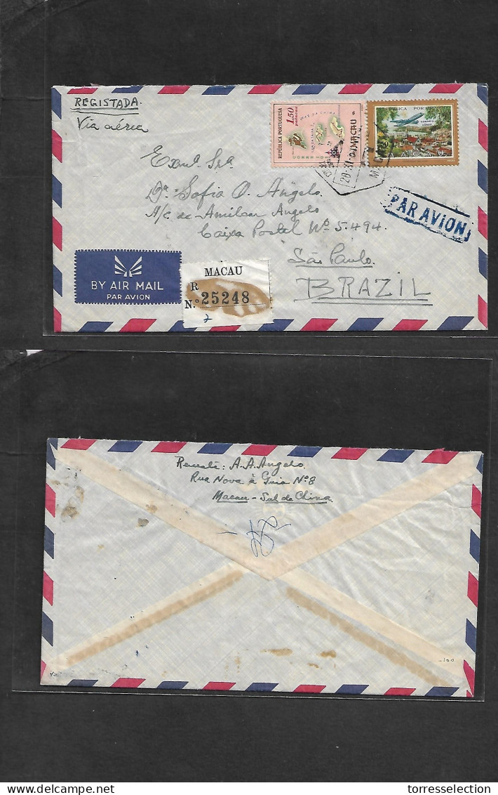 MACAU. 1951 (20 Nov) GPO - Brazil, Sao Paulo, Registered Air Multifkd Envelope. VF. - Other & Unclassified