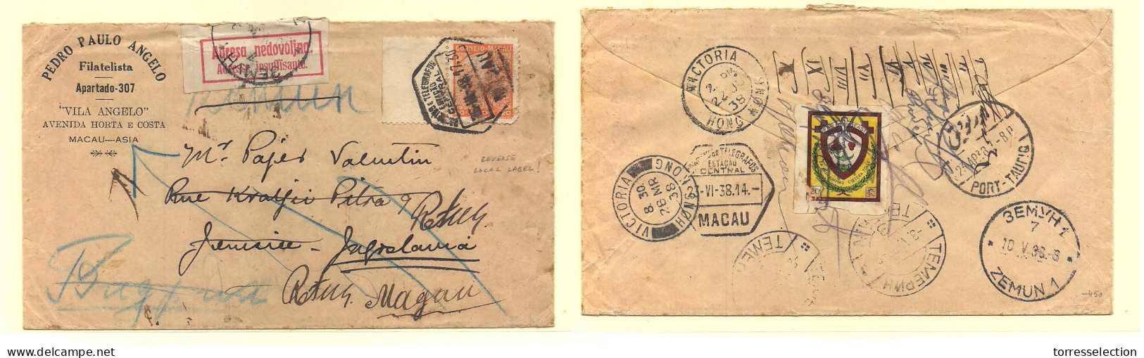 MACAU. 1938 (25 March) GPO - Yougoslavia, Zemun (10 May) Fwded + "Retour Macau" Mns (RRR) Various Cachet + Label + Rever - Autres & Non Classés