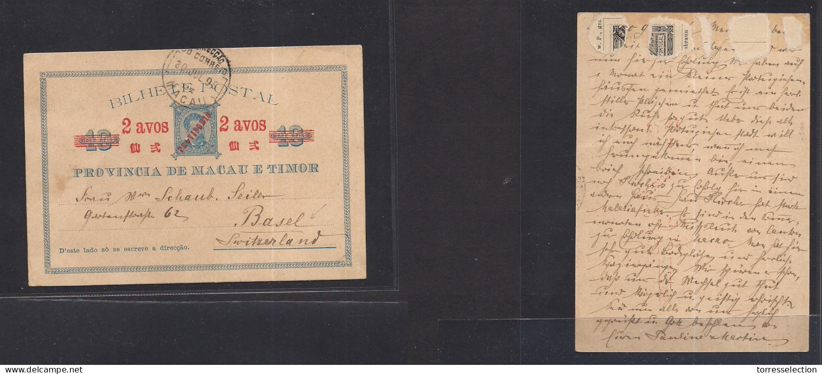 MACAU. 1896 (20 July) GPO - Switzerland, Basel. 2avos / 10 Reis Red Ovptd D. Luis Stationary Card With Long Personal Tex - Other & Unclassified