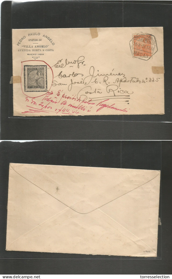 MACAU. 1935 (21 May) GPO - Costa Rica. Fkd Envelope Being Held By Depart Local Post Office And Taxed At $44,44 For Repro - Otros & Sin Clasificación