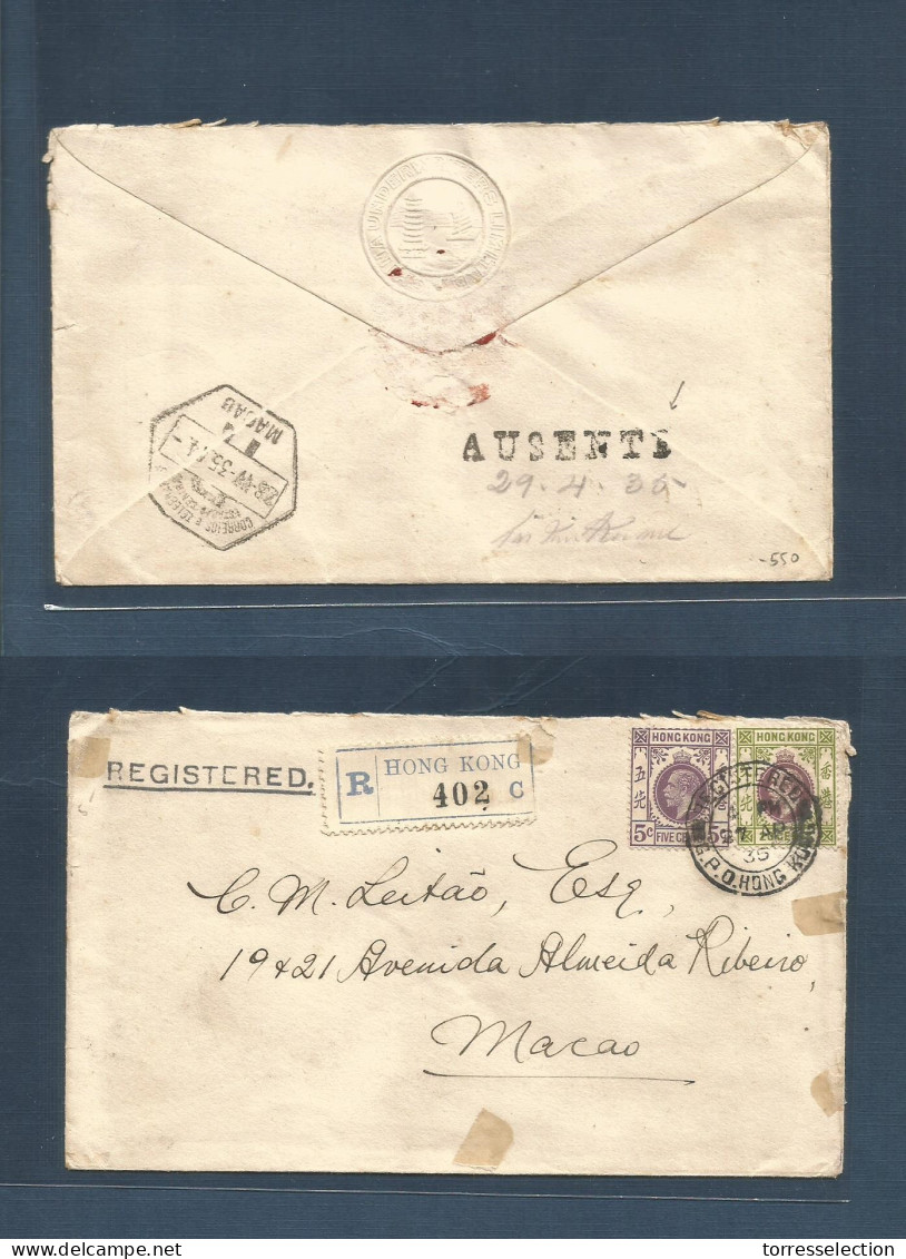 MACAU. 1935 (27 Apr) Hong Kong - Macau (28 Apr) Registered Multifkd Env At 25c Rate + Arrival Postal Mark "AUSENTE" (xxx - Otros & Sin Clasificación