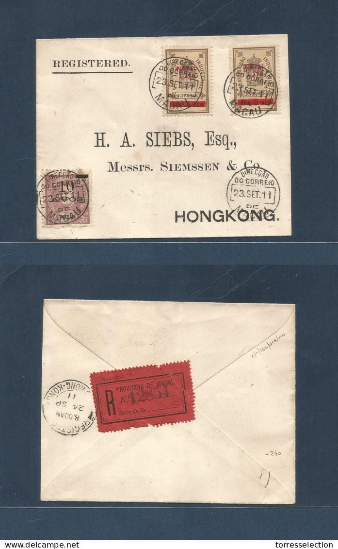 MACAU. 1911 (23 Sept) GPO - Hong Kong. Registered Multiple Envelope Incl Ovptd Fiscal 1avo /5a Stamp (x2), Showing, 2 Di - Otros & Sin Clasificación