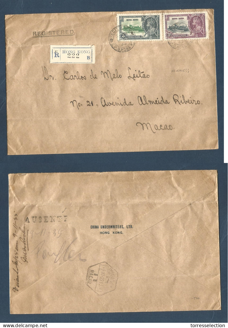 MACAU. 1935 (8 Nov) Hong Kong - MACAO (9 Nov) Registered Jubilee Issue At 25c Rate Fkd Env Arrival Cachet "AUSENTE" (xxx - Other & Unclassified