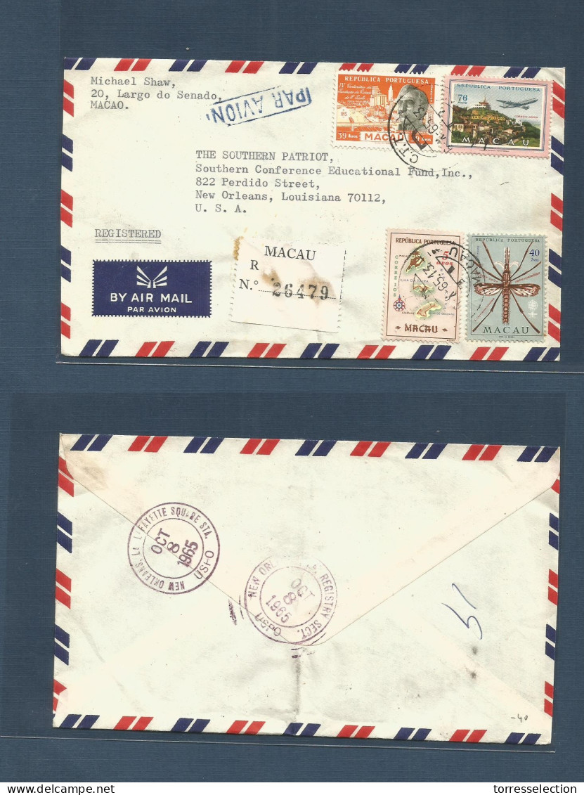 MACAU. 1965 (6 Oct) GPO - USA, New Orleans, LA (8 Oct) Air Registered Multifkd Envelope. Fast 2 Days Trip. - Altri & Non Classificati