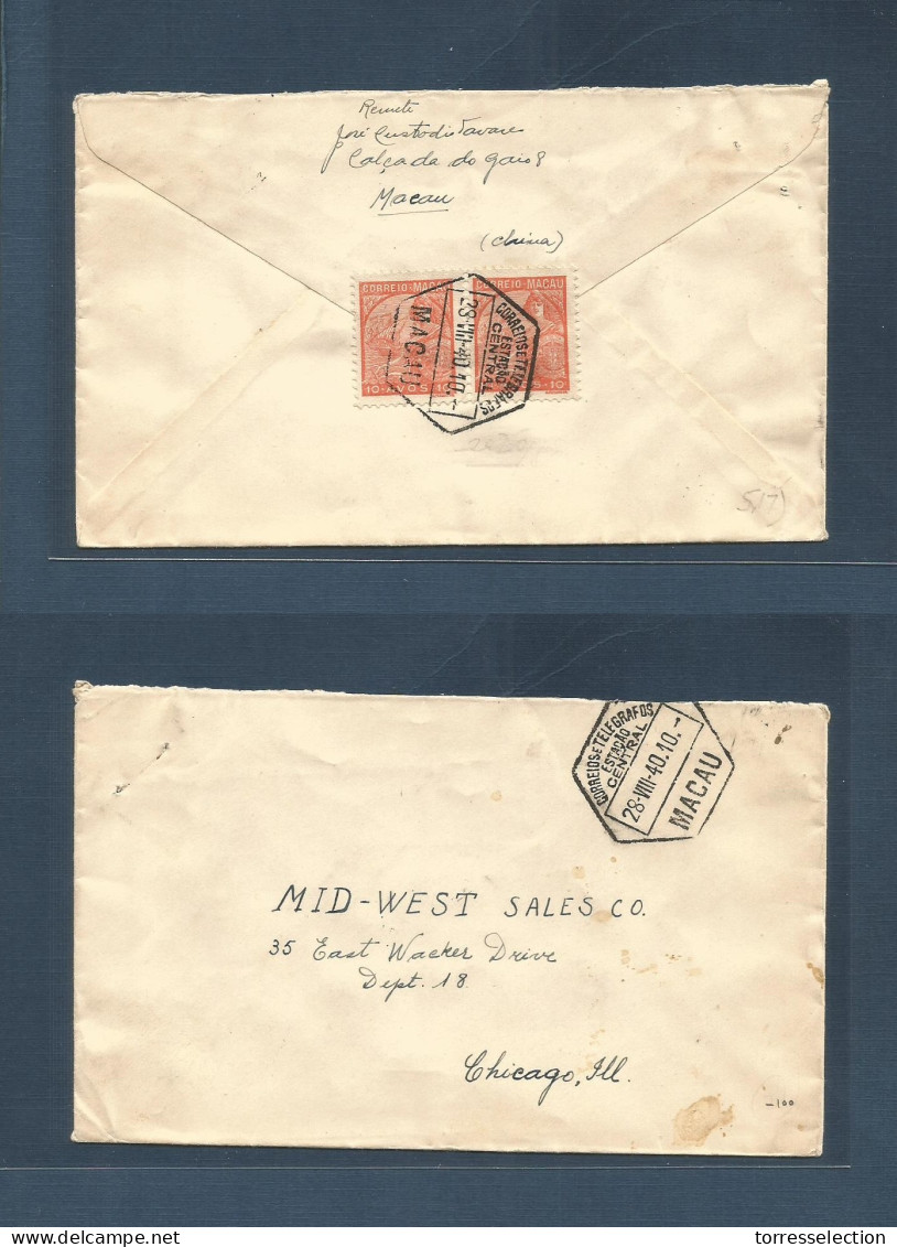 MACAU. 1940 (28 Aug) GPO - USA, Chicago, Ill. Reverse Later Print Padroes 10 Avo Orange Pair Tied Hexagonal Fkd Envelope - Andere & Zonder Classificatie