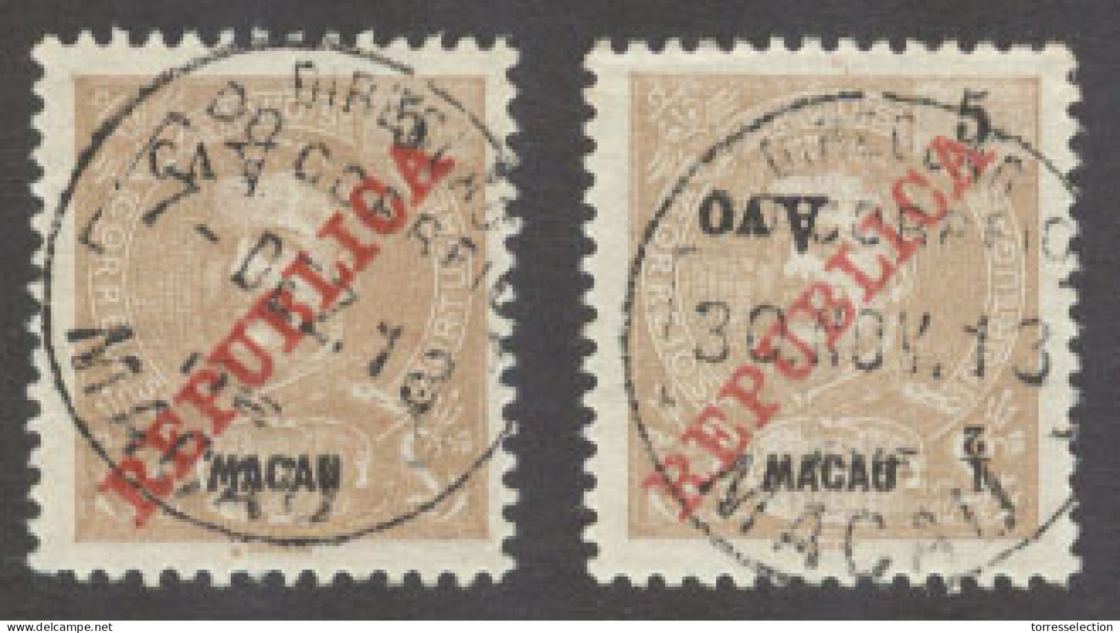 MACAU. 1913. Choi 198 Cº X2 1/2 Avo / 5a 2 Diff Inverted Overprints One Is Omitterd De 1/2 Avo Unlisted Variety (RRR) Sp - Andere & Zonder Classificatie