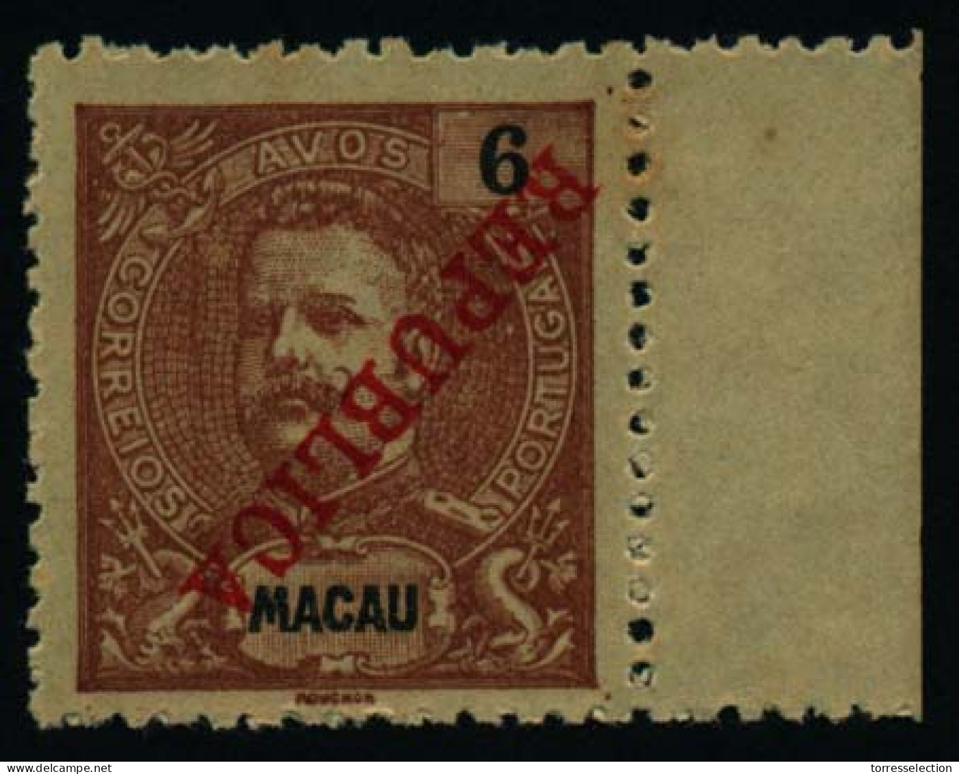 MACAU. 1913. LOCAL Overprint 6 Avo Red Red Brown Mint Margin Of Sheet Inverted Ovptd Rep. XF And Perfect Condition (Yang - Andere & Zonder Classificatie