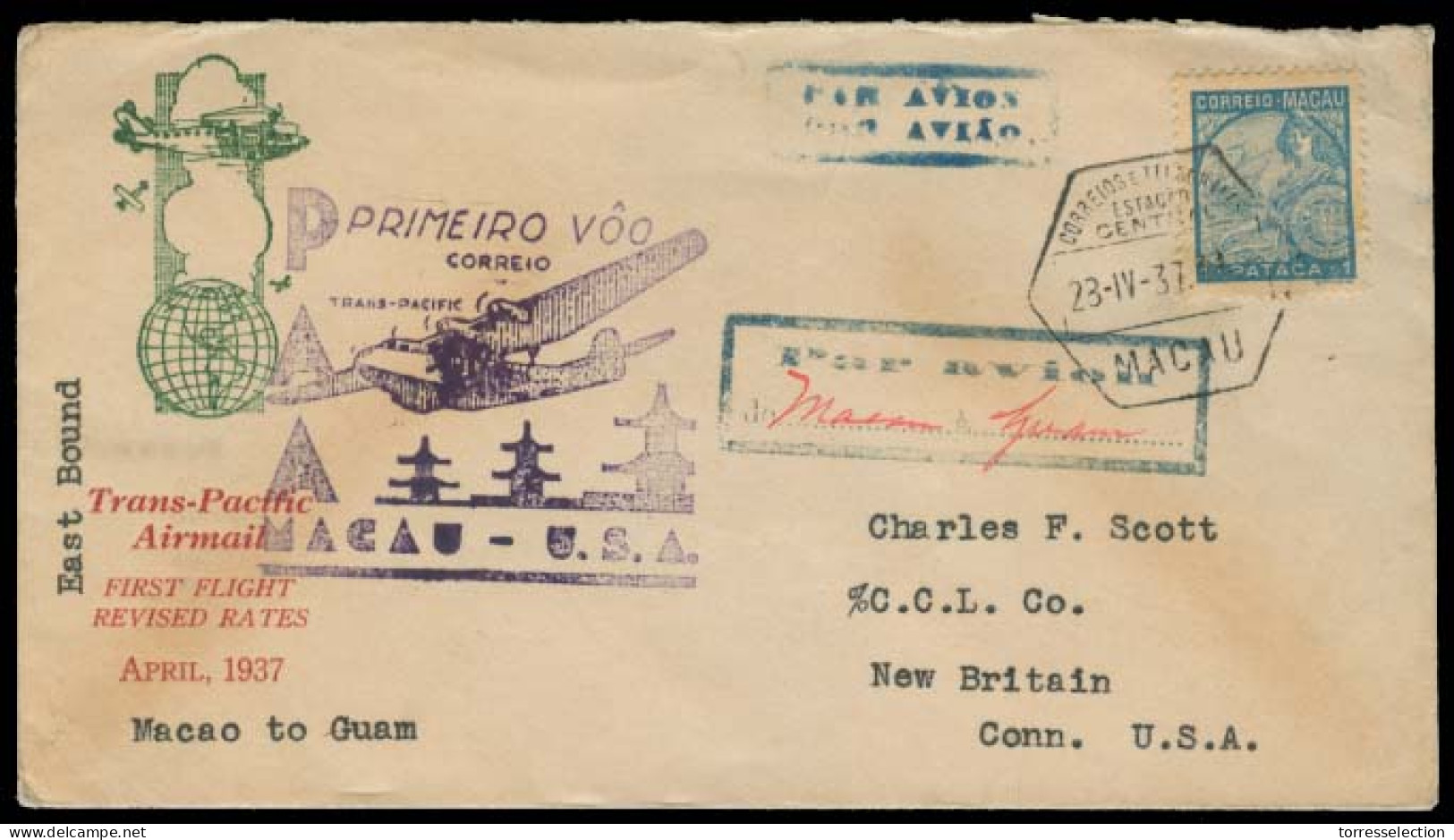 MACAU. 1937 (23 April). Macau - USA. First Flight. Macao - Guam. Reverse 30-4,37. - Otros & Sin Clasificación