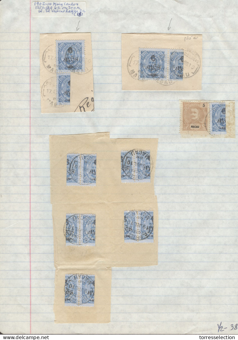 MACAU. 1910. Bisects. 6 Avo / 200rs Blue 1902 Issue. Album Page Containing Four Diff Fragments Incl 1/2, 1 1/2 Vetical A - Otros & Sin Clasificación