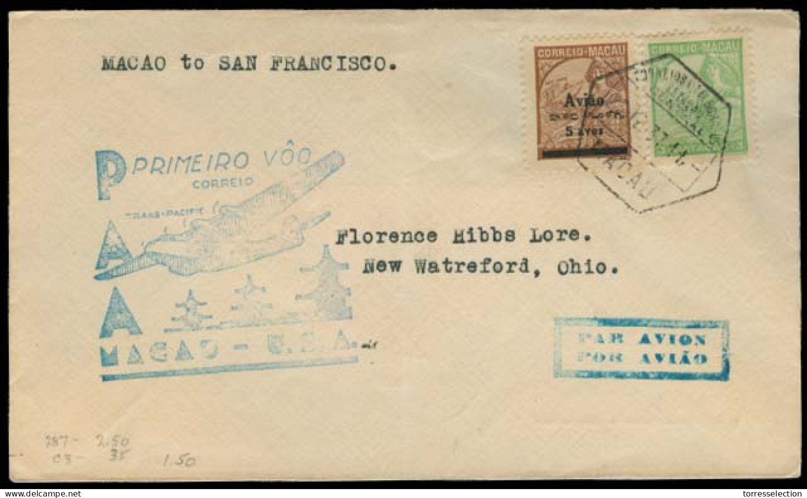 MACAU. 1937 (28 April). Macau - San Fco (4 May). First Flight. Fkd Env + Cachet. - Other & Unclassified