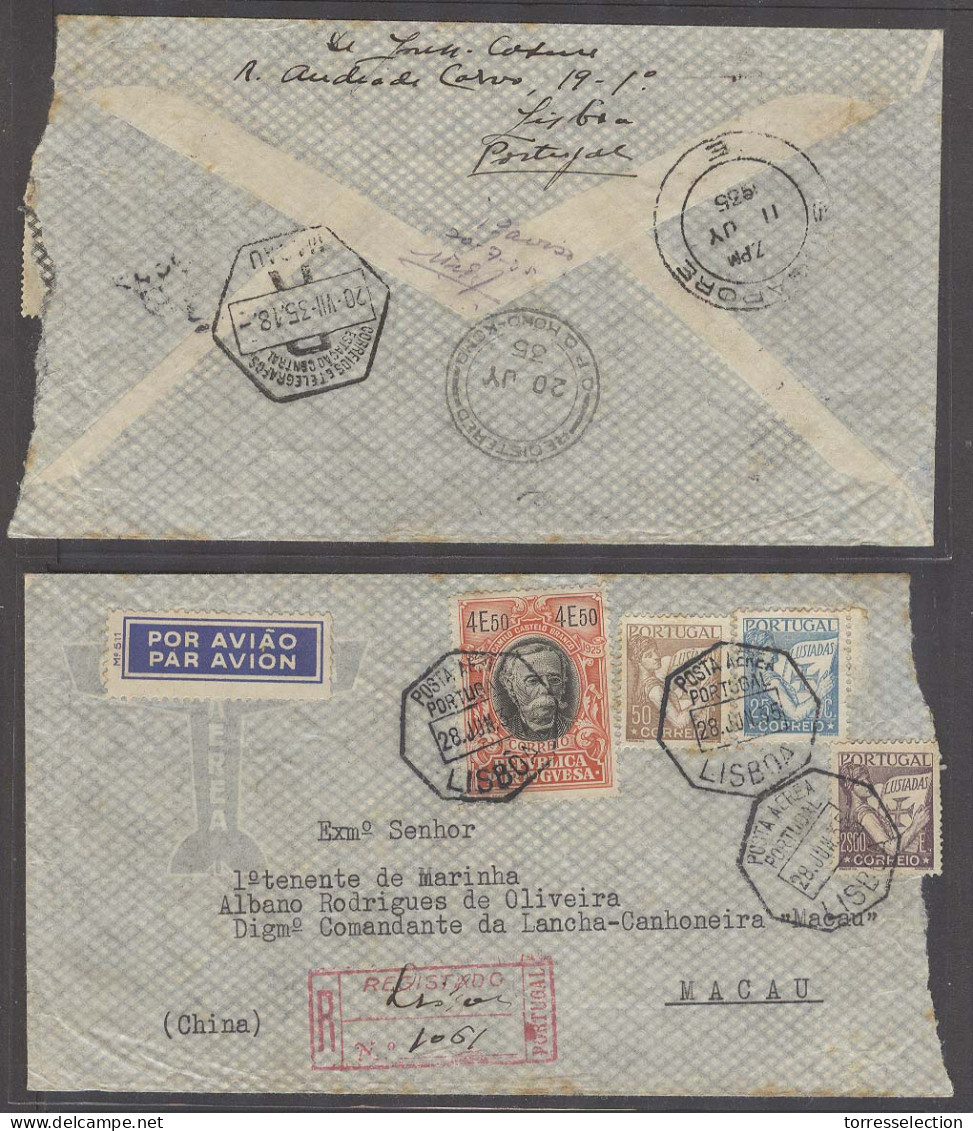 MACAU. 1935 (28 June). Airmails. Lisboa, Portugal - Macau (20 July). Air Reg Multifkd Env Incl 4 Esc 50c Camilo Issue Lu - Andere & Zonder Classificatie