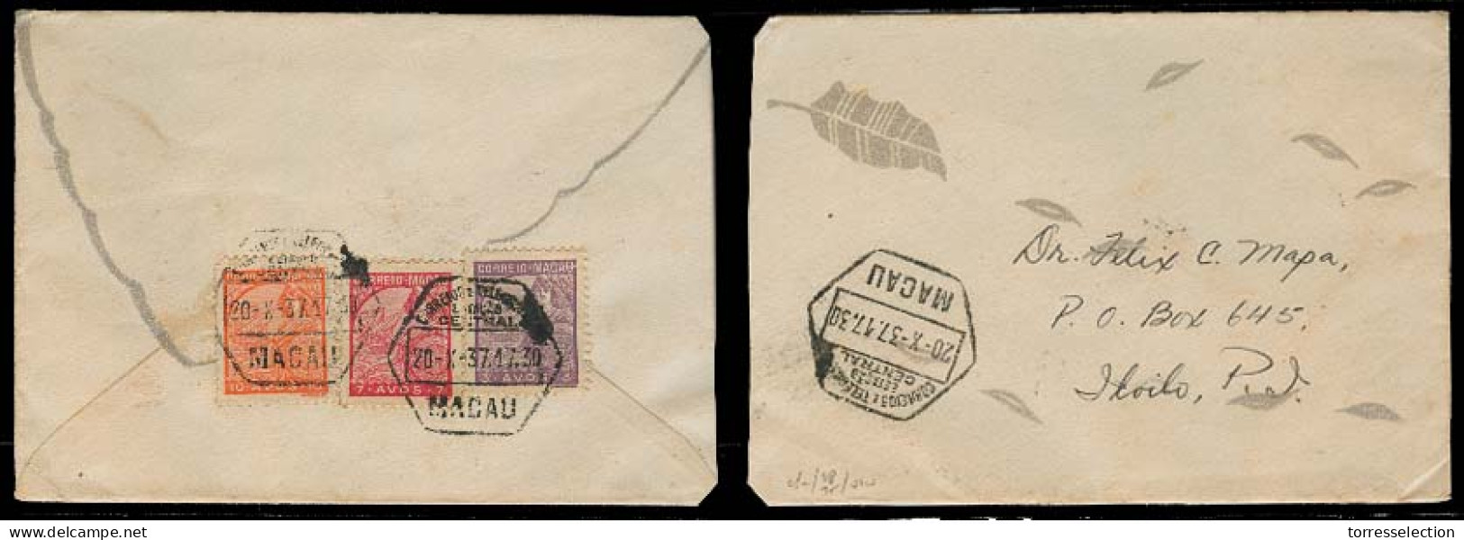 MACAU. 1937 (20 Oct). Macau - Philippines. Leaf Ilustrated Tricolor Fkd Env. VF. - Andere & Zonder Classificatie